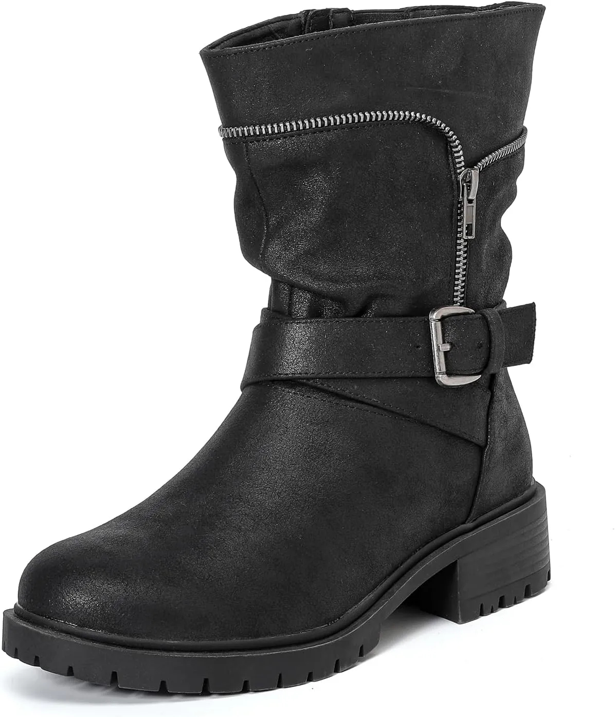 Luoika Women's Wide Width Ankle Boots - Low Heel Side Zipper Slouchy Mid Calf Boots Short Booties.