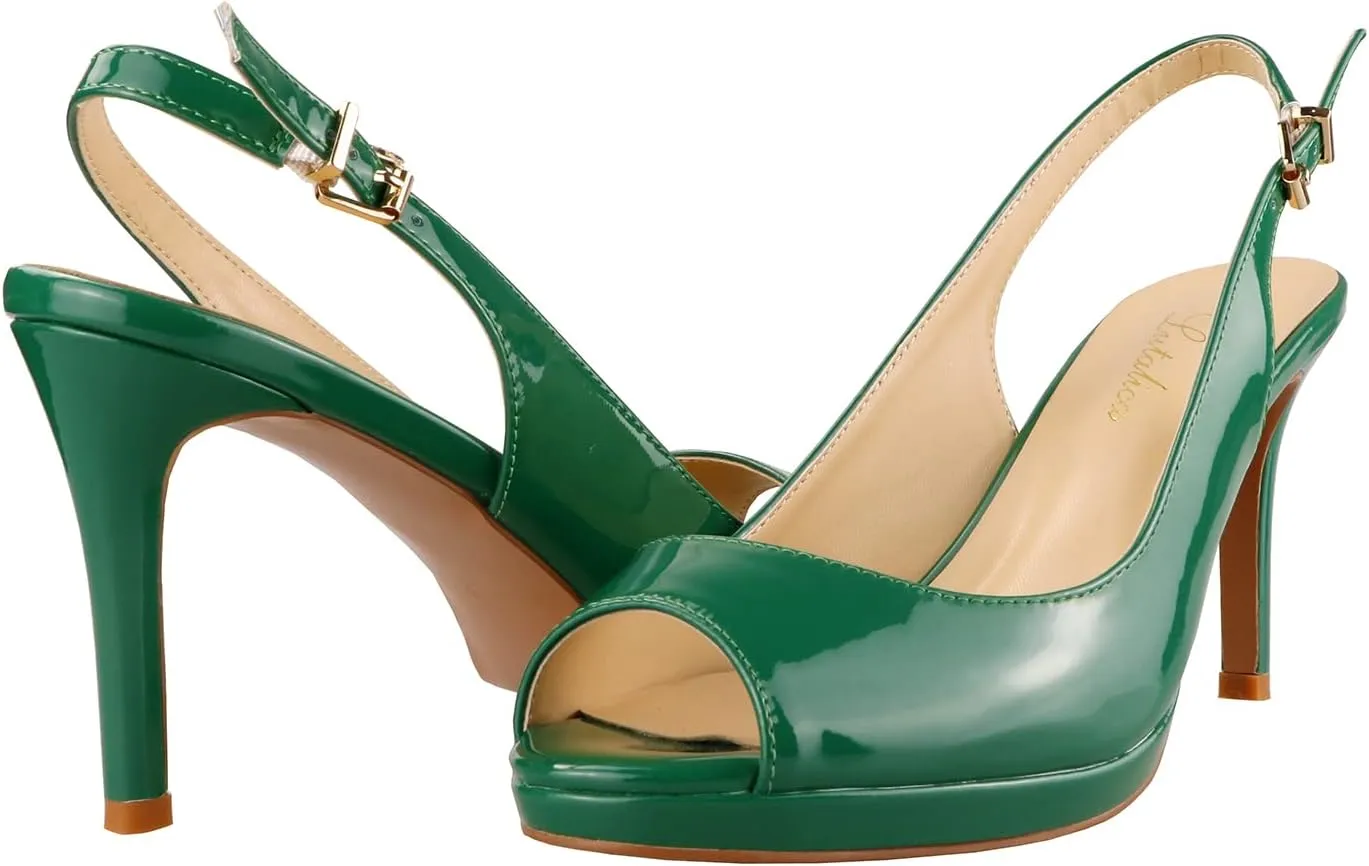 Lutalica W Women's Patent Leather Comfort Platform High Heel Slingback Sandals Sexy Peep Toe Stiletto High Heel Pumps