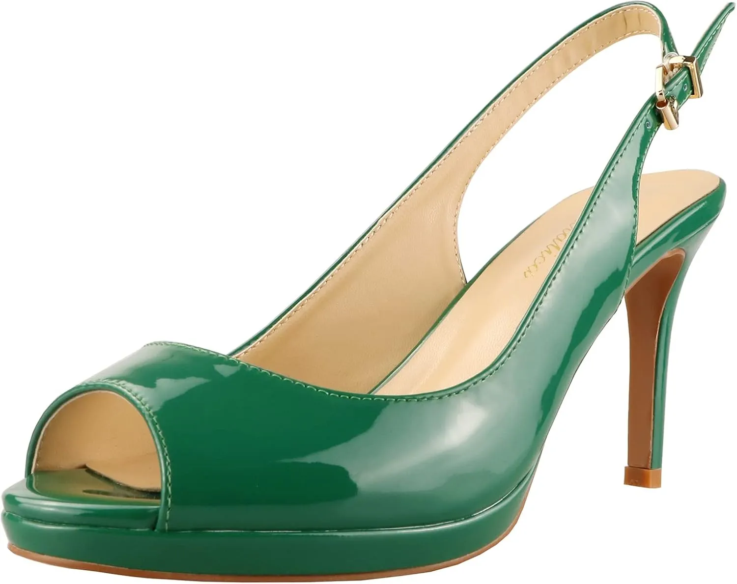 Lutalica W Women's Patent Leather Comfort Platform High Heel Slingback Sandals Sexy Peep Toe Stiletto High Heel Pumps