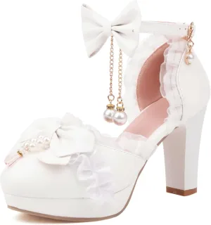 LUXMAX Women Bow Mary Janes Platform Ankle Strap Pumps Chunky High Heel Dress Kwaii Shoes with Pearl