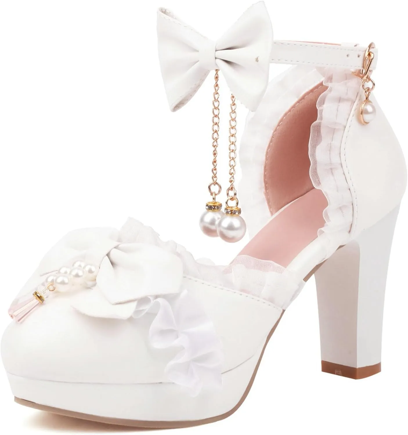 LUXMAX Women Bow Mary Janes Platform Ankle Strap Pumps Chunky High Heel Dress Kwaii Shoes with Pearl
