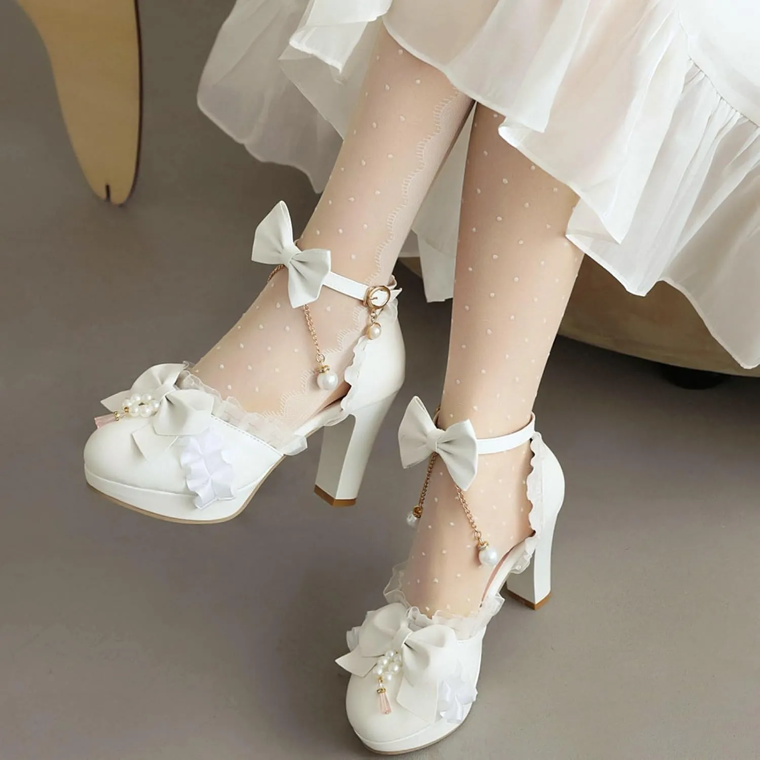 LUXMAX Women Bow Mary Janes Platform Ankle Strap Pumps Chunky High Heel Dress Kwaii Shoes with Pearl