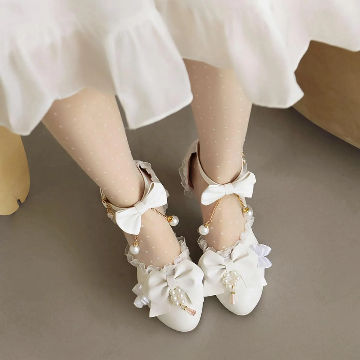 LUXMAX Women Bow Mary Janes Platform Ankle Strap Pumps Chunky High Heel Dress Kwaii Shoes with Pearl
