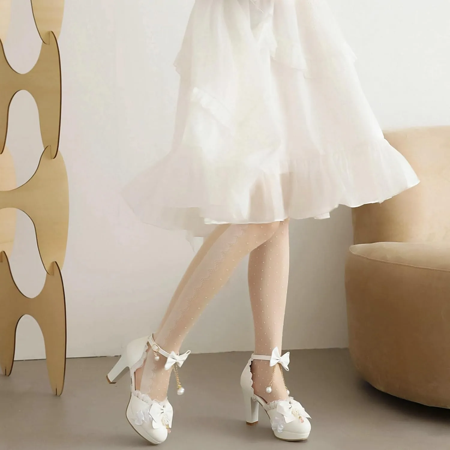 LUXMAX Women Bow Mary Janes Platform Ankle Strap Pumps Chunky High Heel Dress Kwaii Shoes with Pearl