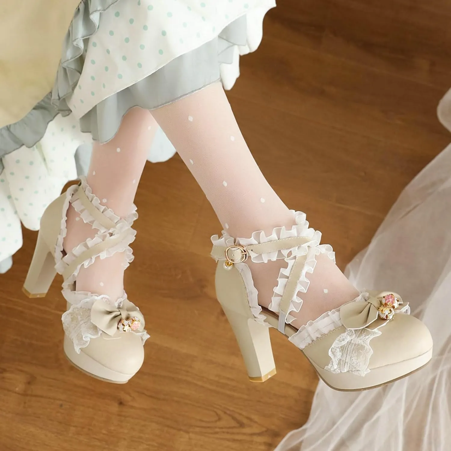 LUXMAX Women Cute Mary Janes Kawaii Shoes Block High Heel Ankle Strap Pumps Sweet Chunky Heel Platform Buckle Pumps with Bow