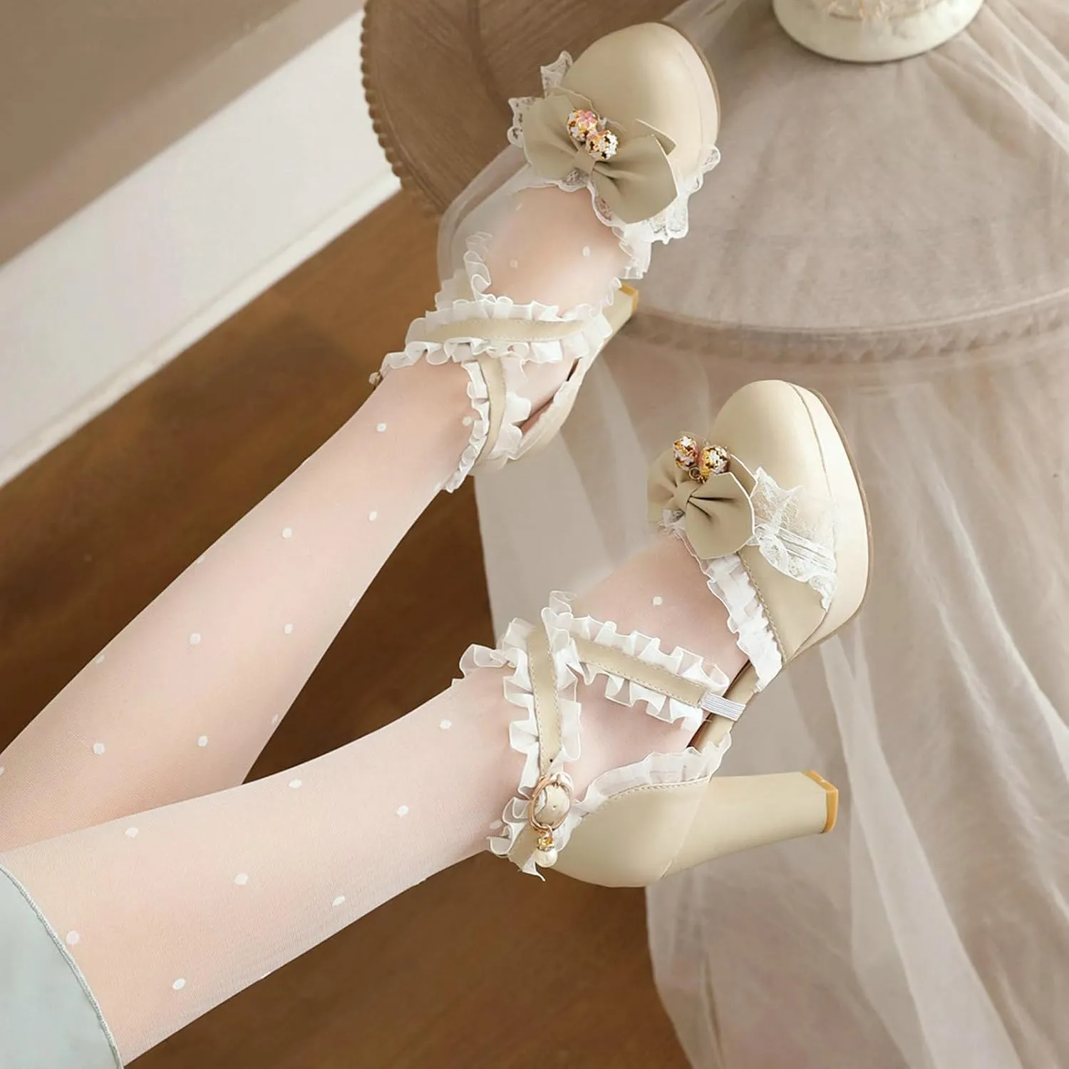 LUXMAX Women Cute Mary Janes Kawaii Shoes Block High Heel Ankle Strap Pumps Sweet Chunky Heel Platform Buckle Pumps with Bow