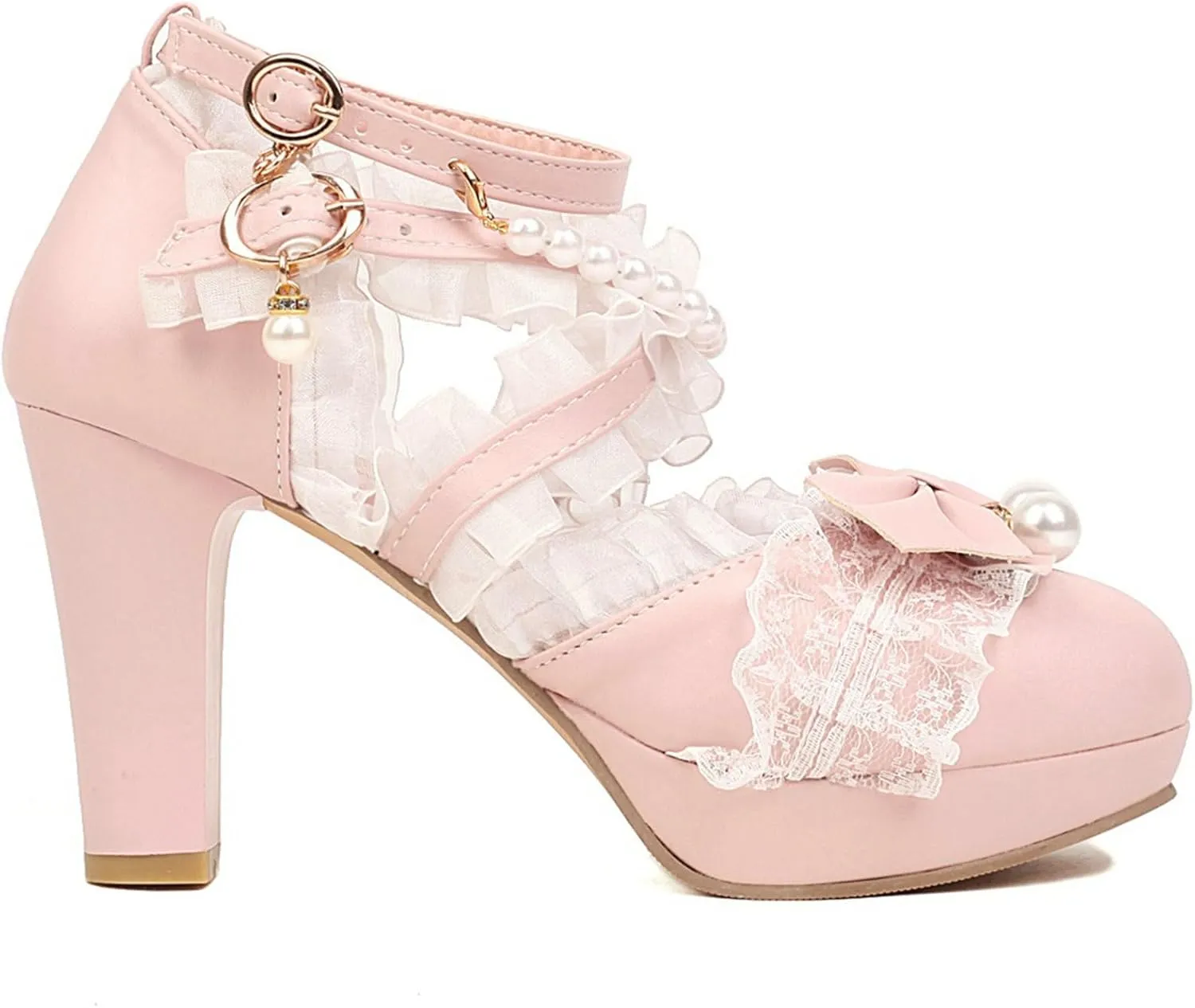 LUXMAX Women Cute Mary Janes Kawaii Shoes Block High Heel Ankle Strap Pumps Sweet Chunky Heel Platform Buckle Pumps with Bow