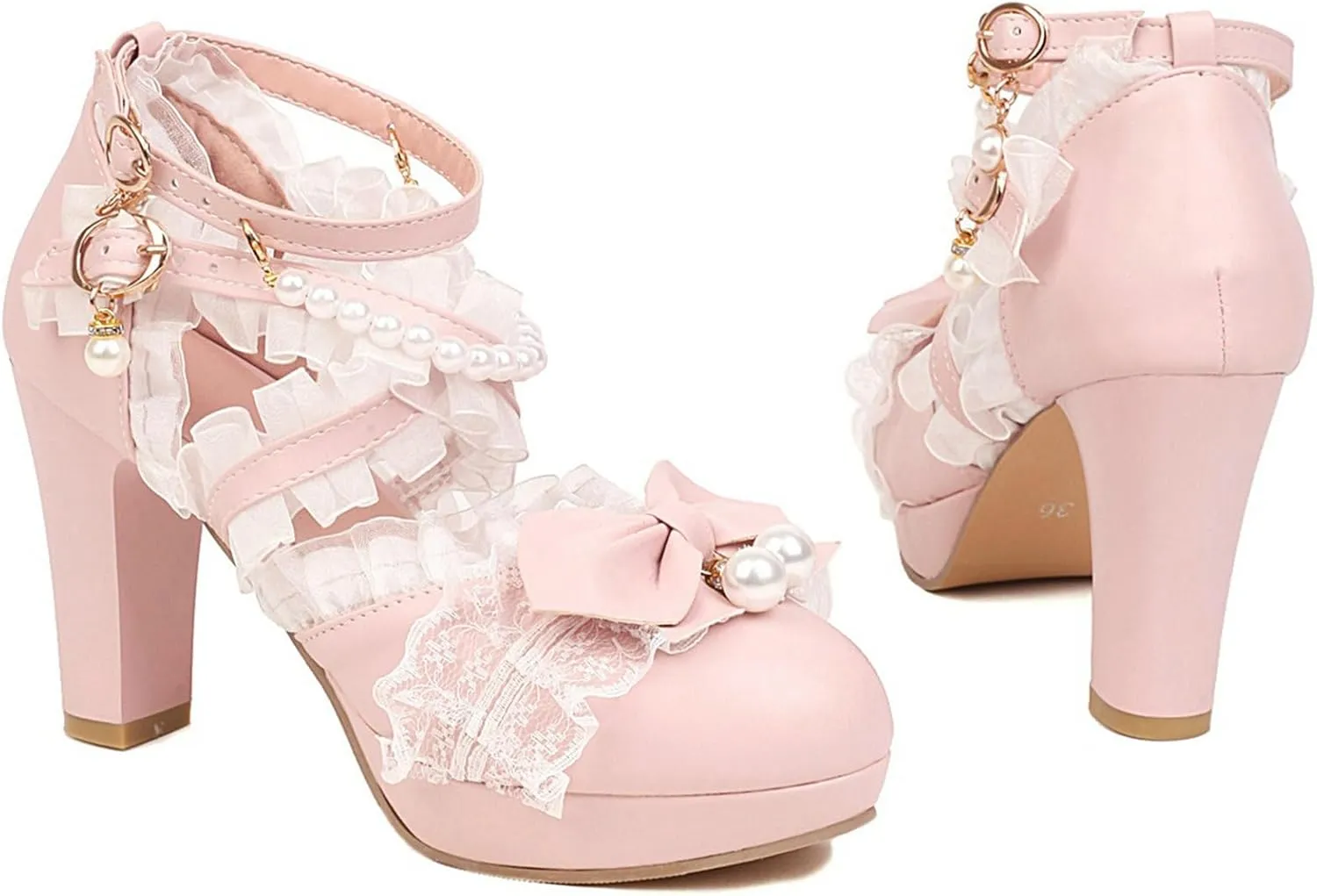 LUXMAX Women Cute Mary Janes Kawaii Shoes Block High Heel Ankle Strap Pumps Sweet Chunky Heel Platform Buckle Pumps with Bow