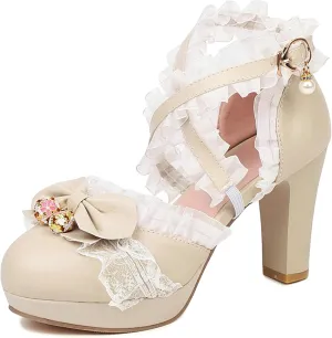 LUXMAX Women Cute Mary Janes Kawaii Shoes Block High Heel Ankle Strap Pumps Sweet Chunky Heel Platform Buckle Pumps with Bow