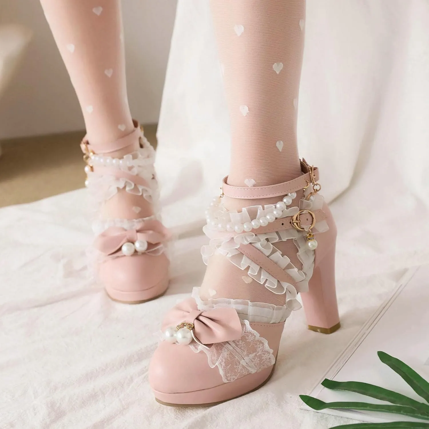 LUXMAX Women Cute Mary Janes Kawaii Shoes Block High Heel Ankle Strap Pumps Sweet Chunky Heel Platform Buckle Pumps with Bow