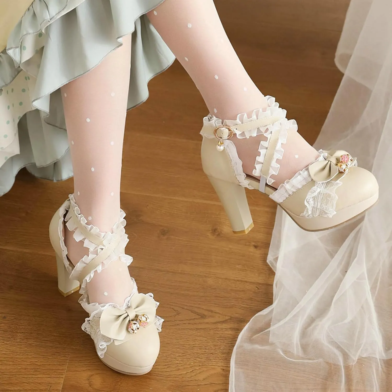LUXMAX Women Cute Mary Janes Kawaii Shoes Block High Heel Ankle Strap Pumps Sweet Chunky Heel Platform Buckle Pumps with Bow