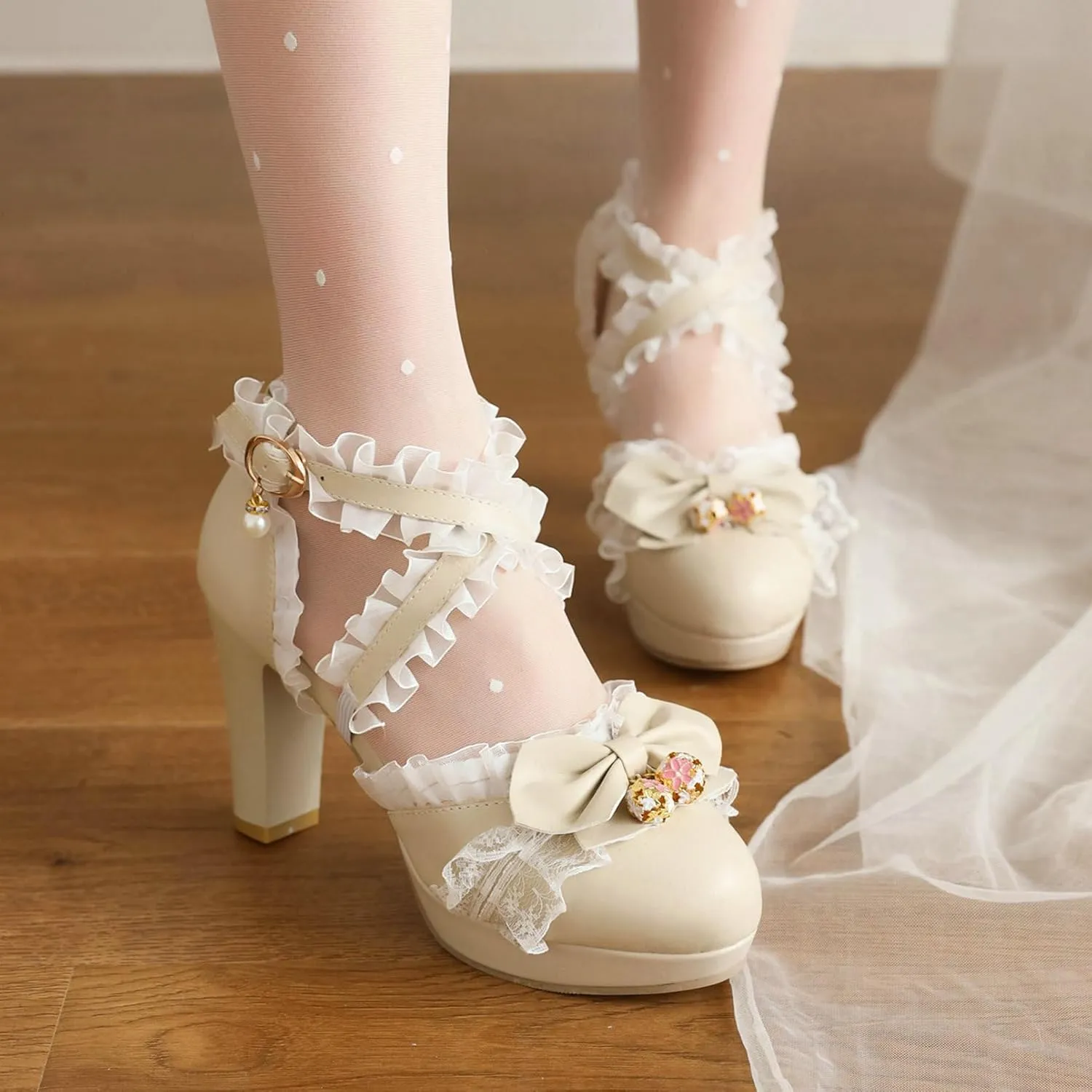 LUXMAX Women Cute Mary Janes Kawaii Shoes Block High Heel Ankle Strap Pumps Sweet Chunky Heel Platform Buckle Pumps with Bow