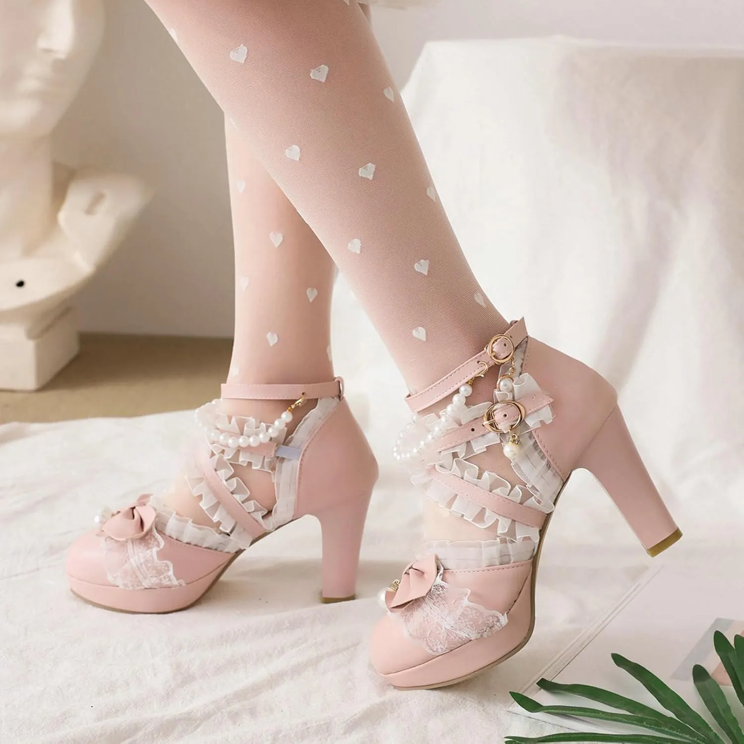LUXMAX Women Cute Mary Janes Kawaii Shoes Block High Heel Ankle Strap Pumps Sweet Chunky Heel Platform Buckle Pumps with Bow