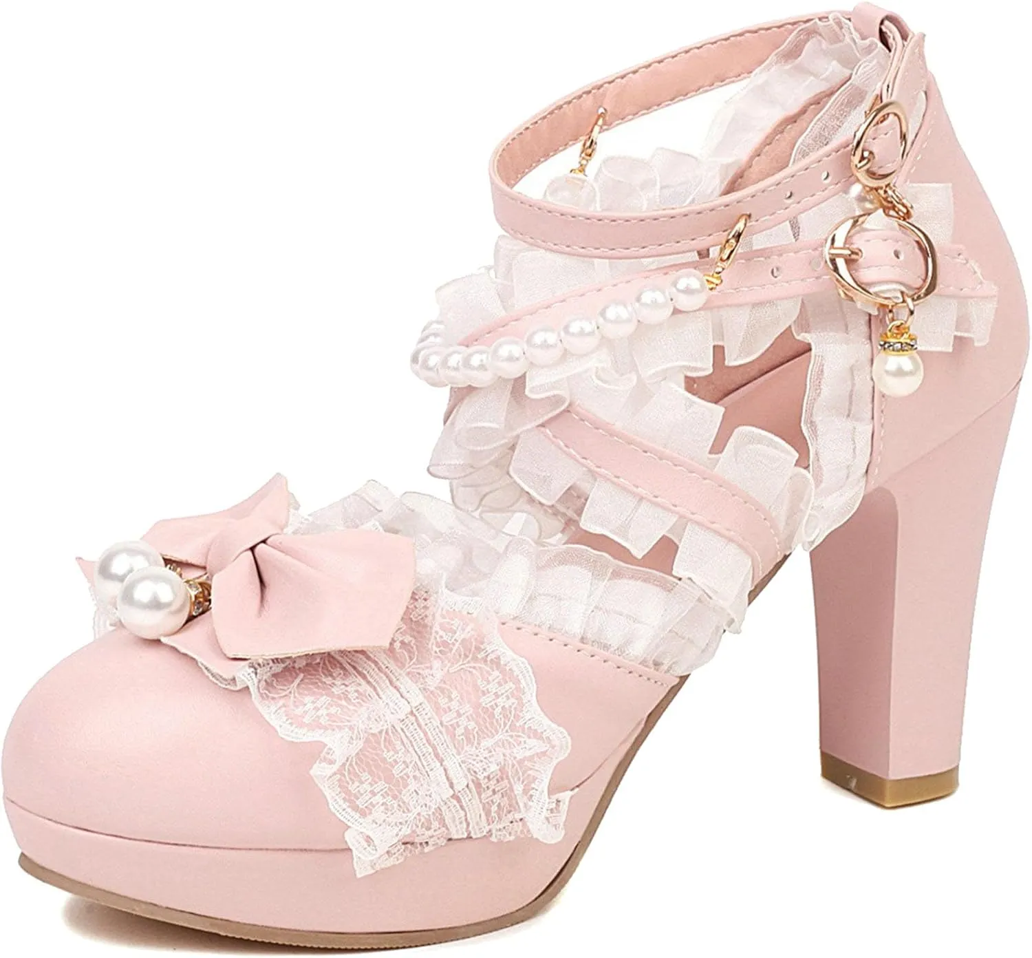 LUXMAX Women Cute Mary Janes Kawaii Shoes Block High Heel Ankle Strap Pumps Sweet Chunky Heel Platform Buckle Pumps with Bow