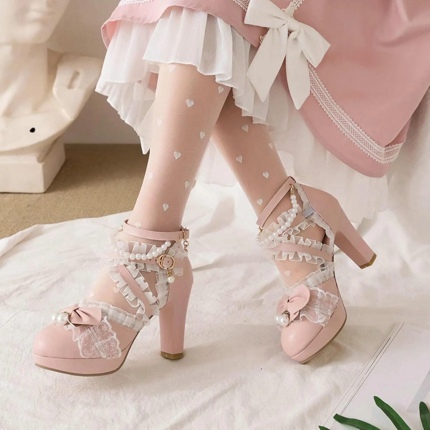 LUXMAX Women Cute Mary Janes Kawaii Shoes Block High Heel Ankle Strap Pumps Sweet Chunky Heel Platform Buckle Pumps with Bow