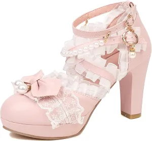 LUXMAX Women Cute Mary Janes Kawaii Shoes Block High Heel Ankle Strap Pumps Sweet Chunky Heel Platform Buckle Pumps with Bow