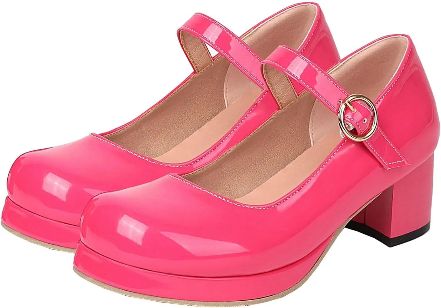 LUXMAX Women Patent Leather Mary Janes Block Heel Platform Pumps Ankle Strap Buckle Chunky Heel Pumps Closed Square Toe Dress Shoes