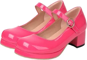 LUXMAX Women Patent Leather Mary Janes Block Heel Platform Pumps Ankle Strap Buckle Chunky Heel Pumps Closed Square Toe Dress Shoes
