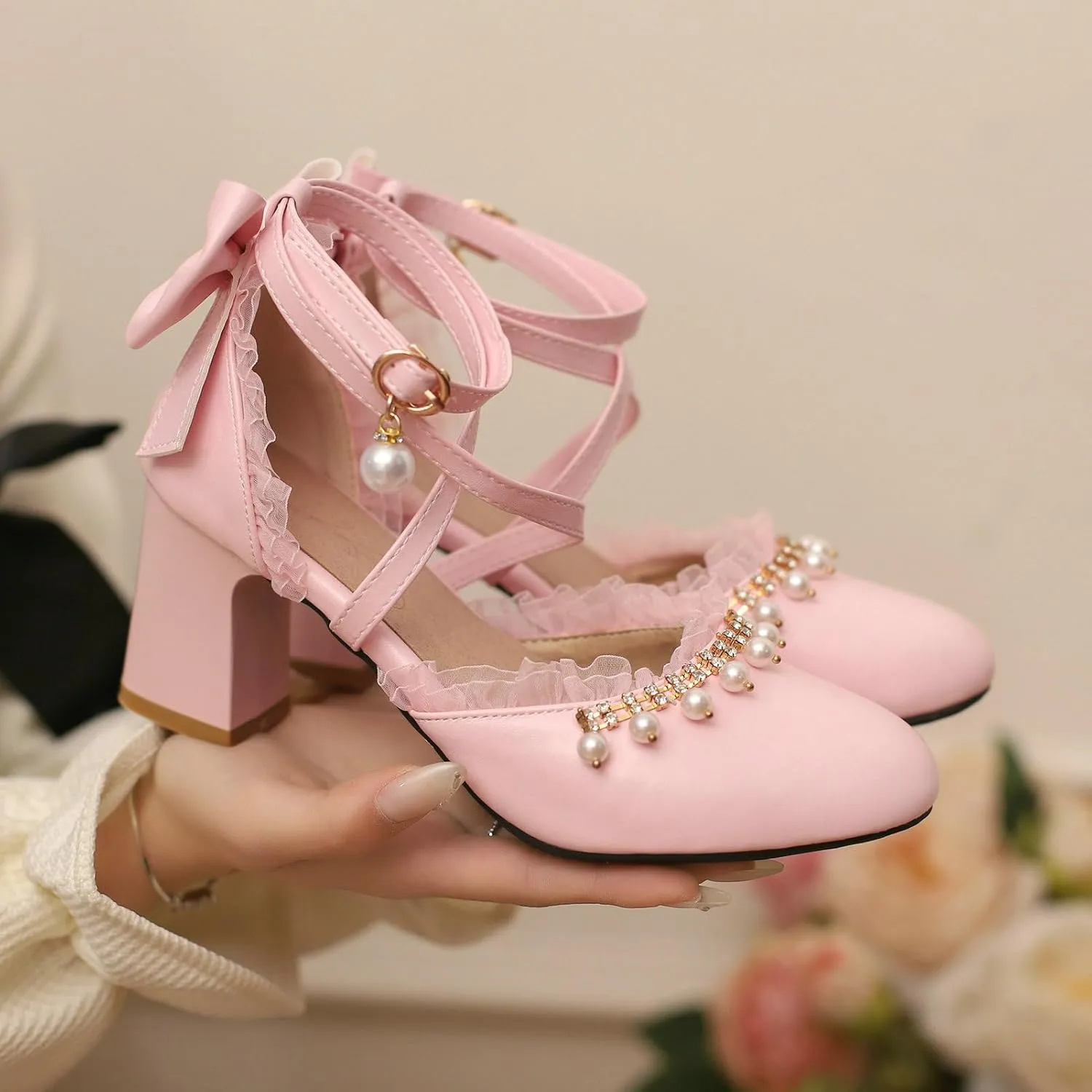 LUXMAX Womens Bow Pumps Cross Strap Block Heel Cute Cosplay Shoes