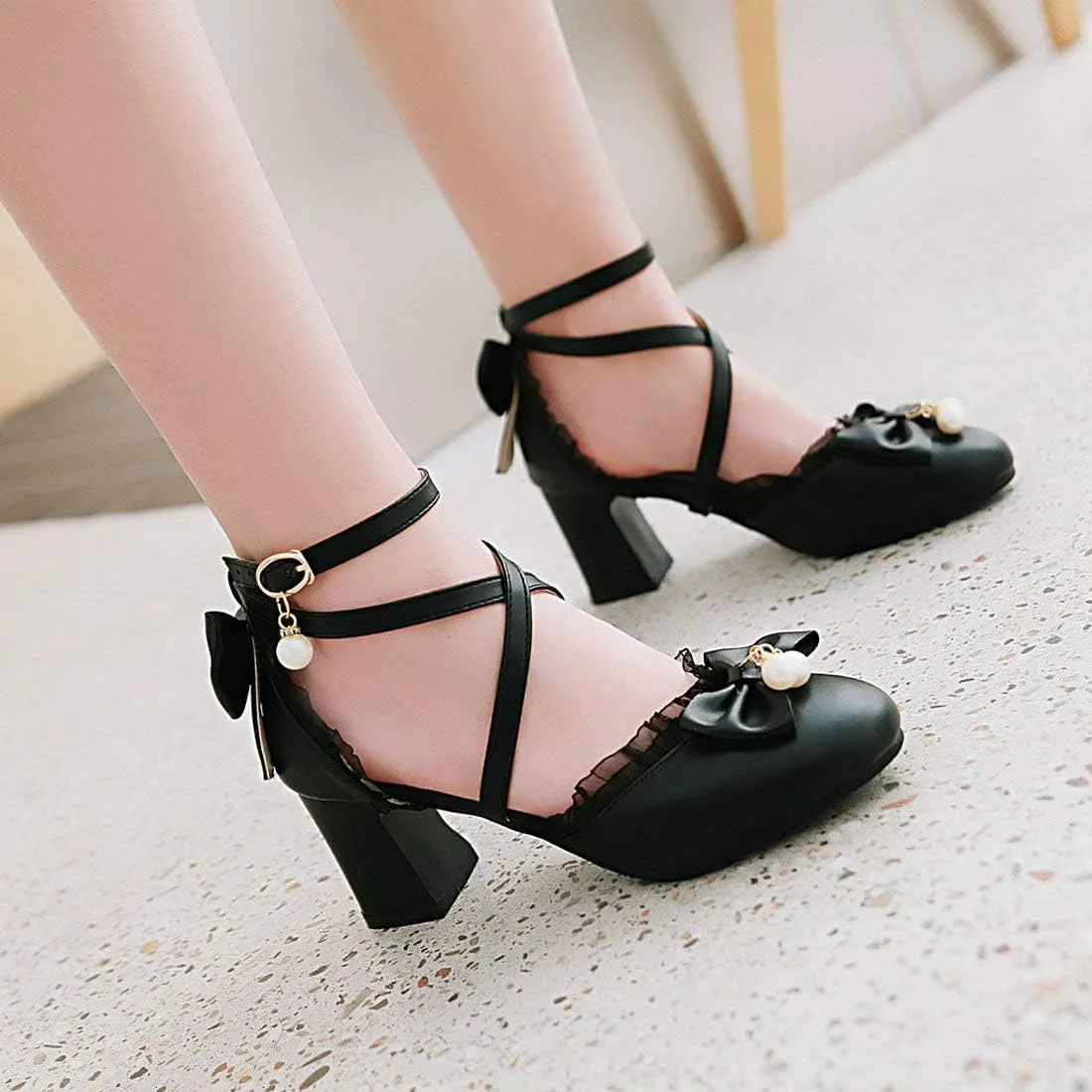 LUXMAX Womens Bow Pumps Cross Strap Block Heel Cute Cosplay Shoes