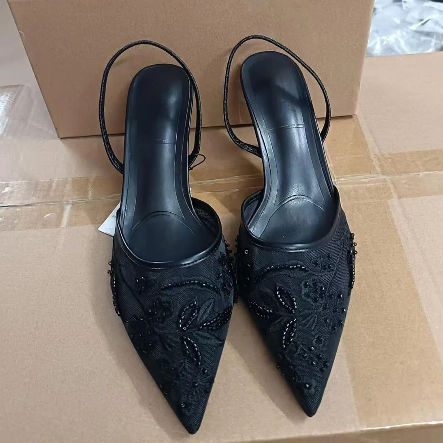 Lymphvity Women's Mesh Embroidered Slingback Heels with Bead Elegant Backless Kitten Heels Pointed Toe Wedding Bridal Dress Pumps Shoes