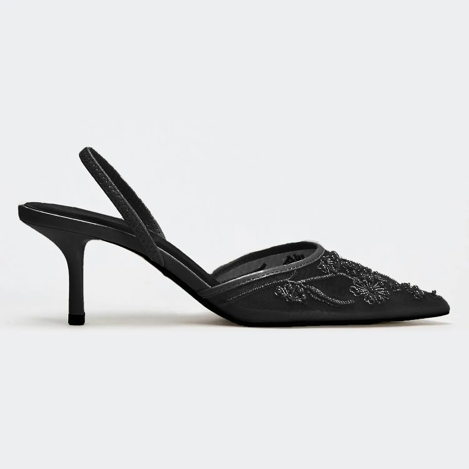 Lymphvity Women's Mesh Embroidered Slingback Heels with Bead Elegant Backless Kitten Heels Pointed Toe Wedding Bridal Dress Pumps Shoes