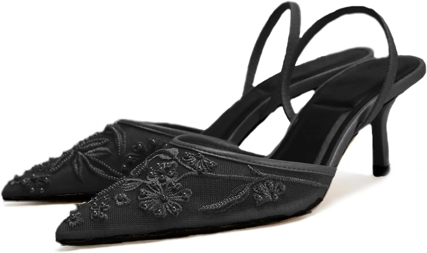 Lymphvity Women's Mesh Embroidered Slingback Heels with Bead Elegant Backless Kitten Heels Pointed Toe Wedding Bridal Dress Pumps Shoes