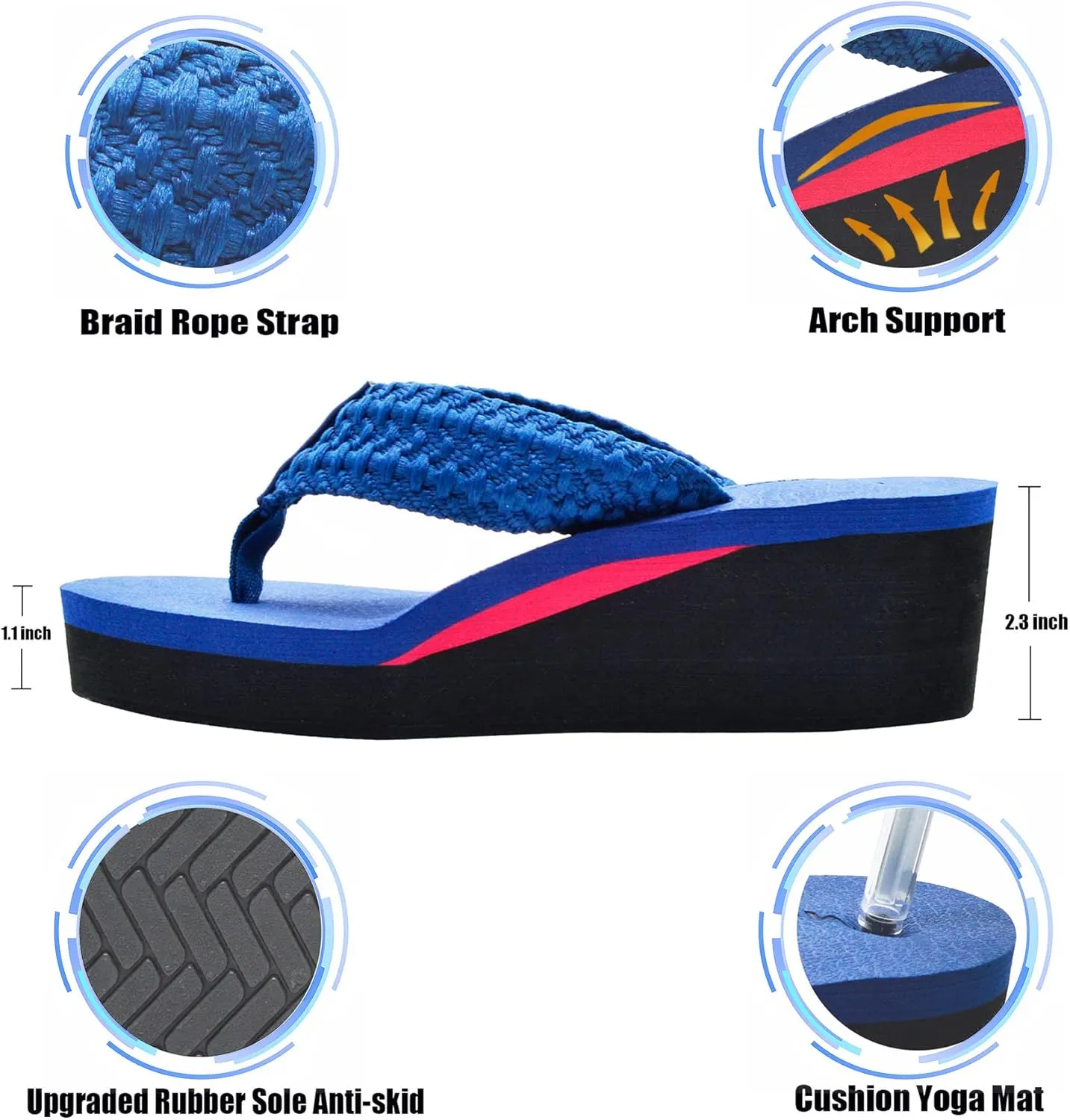 MALIDA Womens Wedge Arch Support Flip Flops Cushion Soft Rubber Midsole Platform Thong Sandals with Rubber Sole