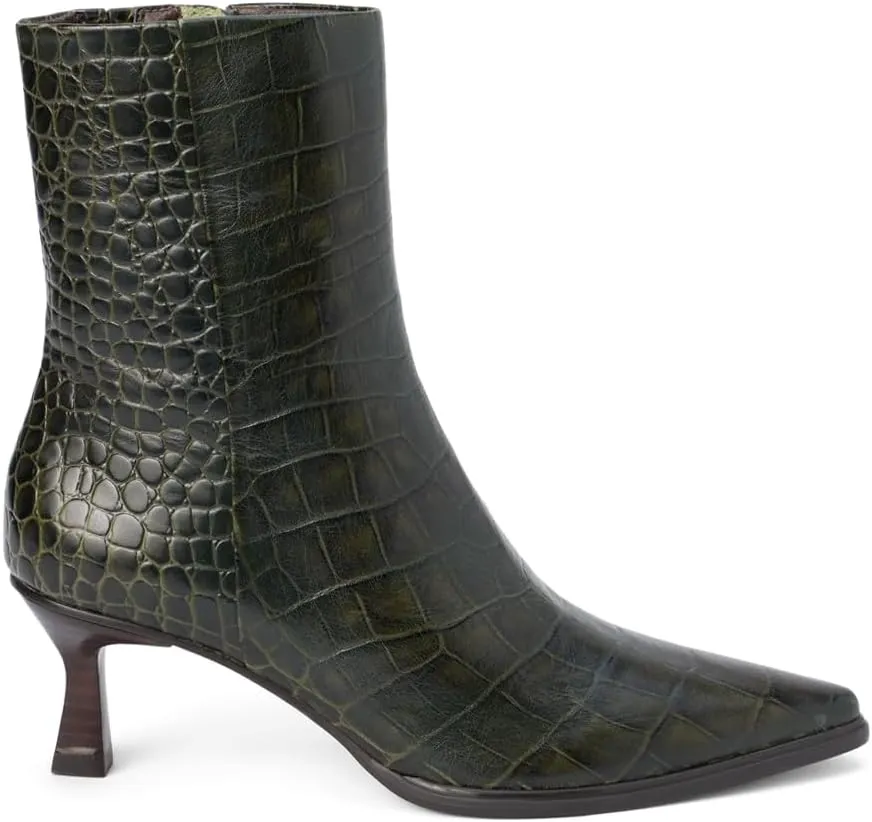 Matisse Womens Gabbie Croc Embossed Pointed Toe Zippered Casual Boots Ankle Mid Heel 2-3" - Green
