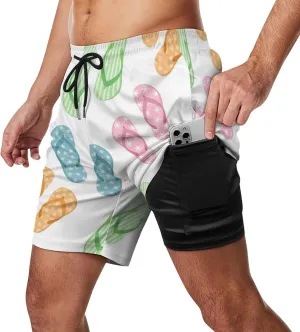 Men Cool Flip Flop Swim Trunks Vacation Beach Shorts with Pockets Compression Liner Quick Dry