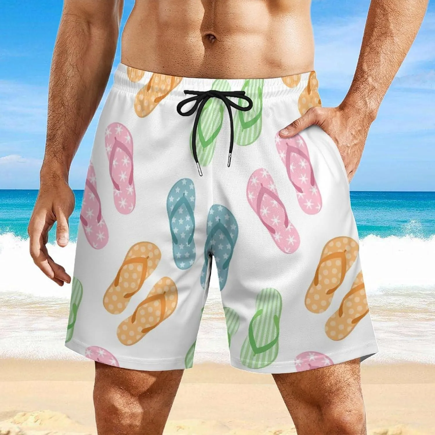 Men Cool Flip Flop Swim Trunks Vacation Beach Shorts with Pockets Compression Liner Quick Dry