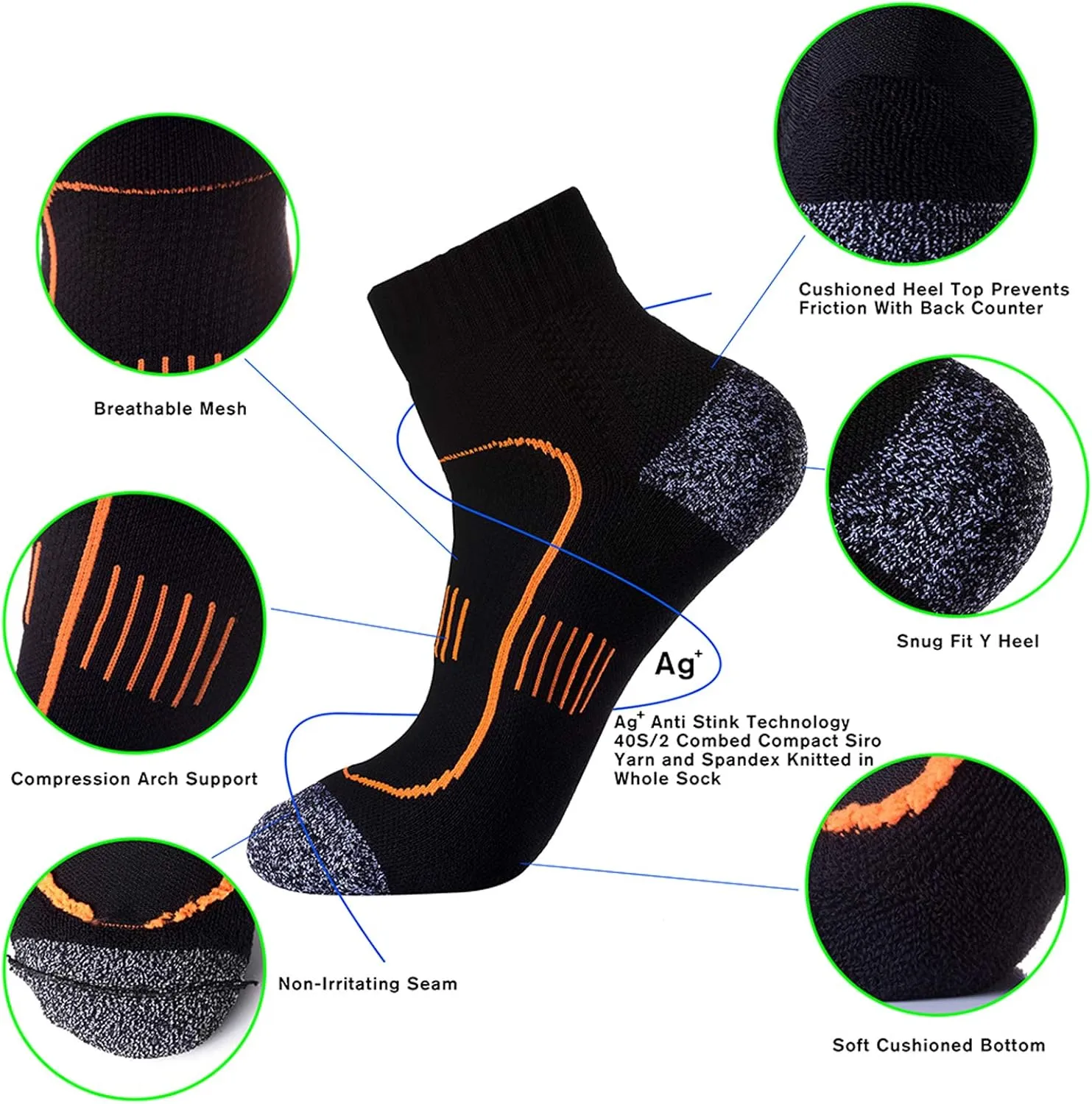 Men's Cushioned Anti Odor Blister Proof Quarter Crew Low Cut Compression Running Trekking Socks