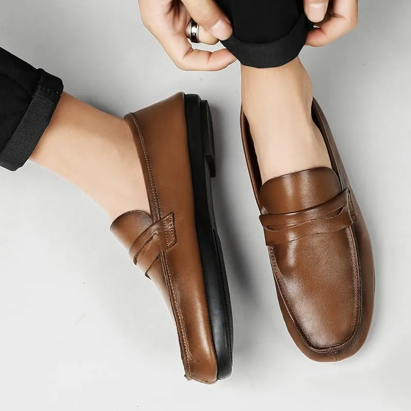 Mens Loafers Shoe Round Toe Split Toe Solid Color Leather Penny Loafers Comfortable Lightweight Flexible Classic Party Slip-ons