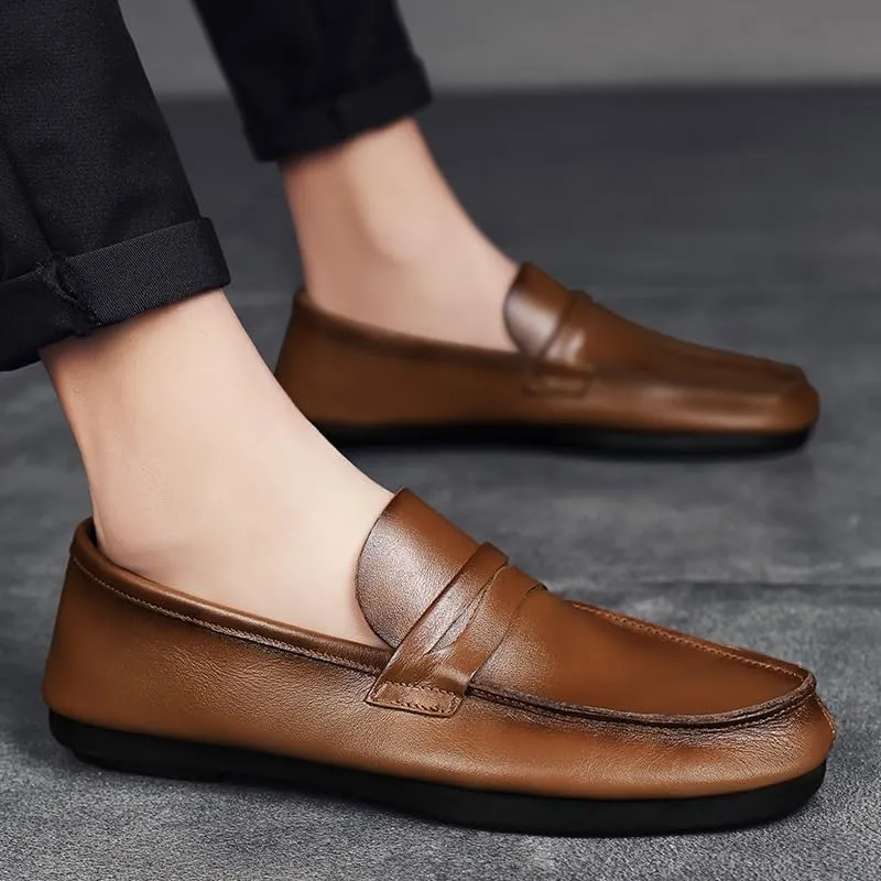 Mens Loafers Shoe Round Toe Split Toe Solid Color Leather Penny Loafers Comfortable Lightweight Flexible Classic Party Slip-ons