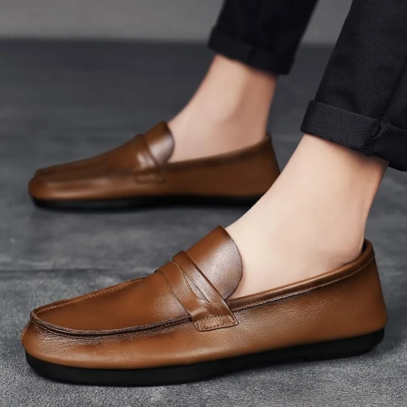 Mens Loafers Shoe Round Toe Split Toe Solid Color Leather Penny Loafers Comfortable Lightweight Flexible Classic Party Slip-ons