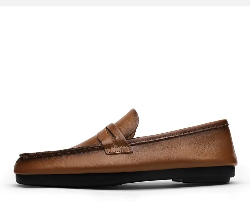 Mens Loafers Shoe Round Toe Split Toe Solid Color Leather Penny Loafers Comfortable Lightweight Flexible Classic Party Slip-ons