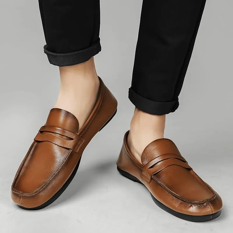 Mens Loafers Shoe Round Toe Split Toe Solid Color Leather Penny Loafers Comfortable Lightweight Flexible Classic Party Slip-ons
