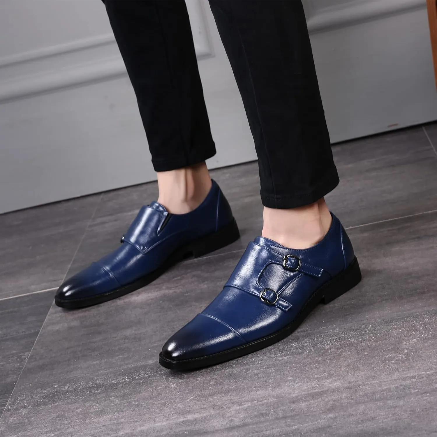 Men's Smart Monk Brogues Genuine Leather Wooden Heel Formal Dress Shoes