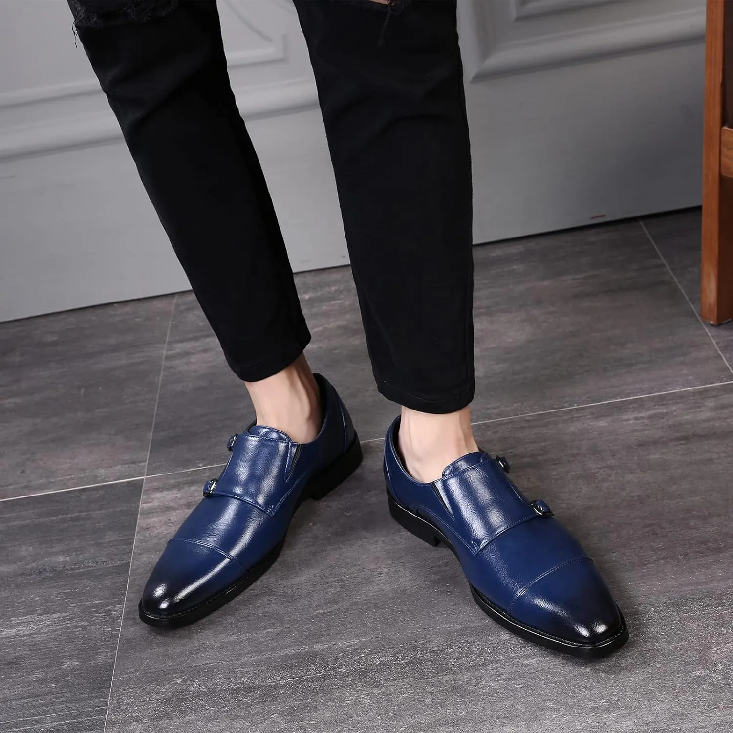 Men's Smart Monk Brogues Genuine Leather Wooden Heel Formal Dress Shoes