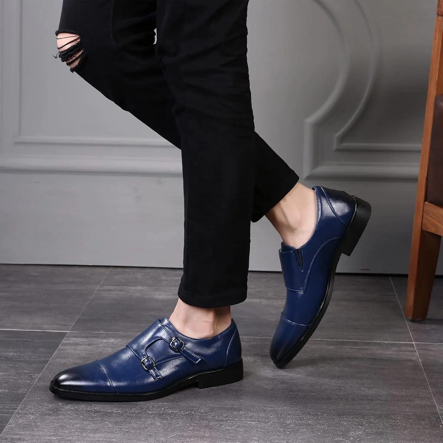Men's Smart Monk Brogues Genuine Leather Wooden Heel Formal Dress Shoes