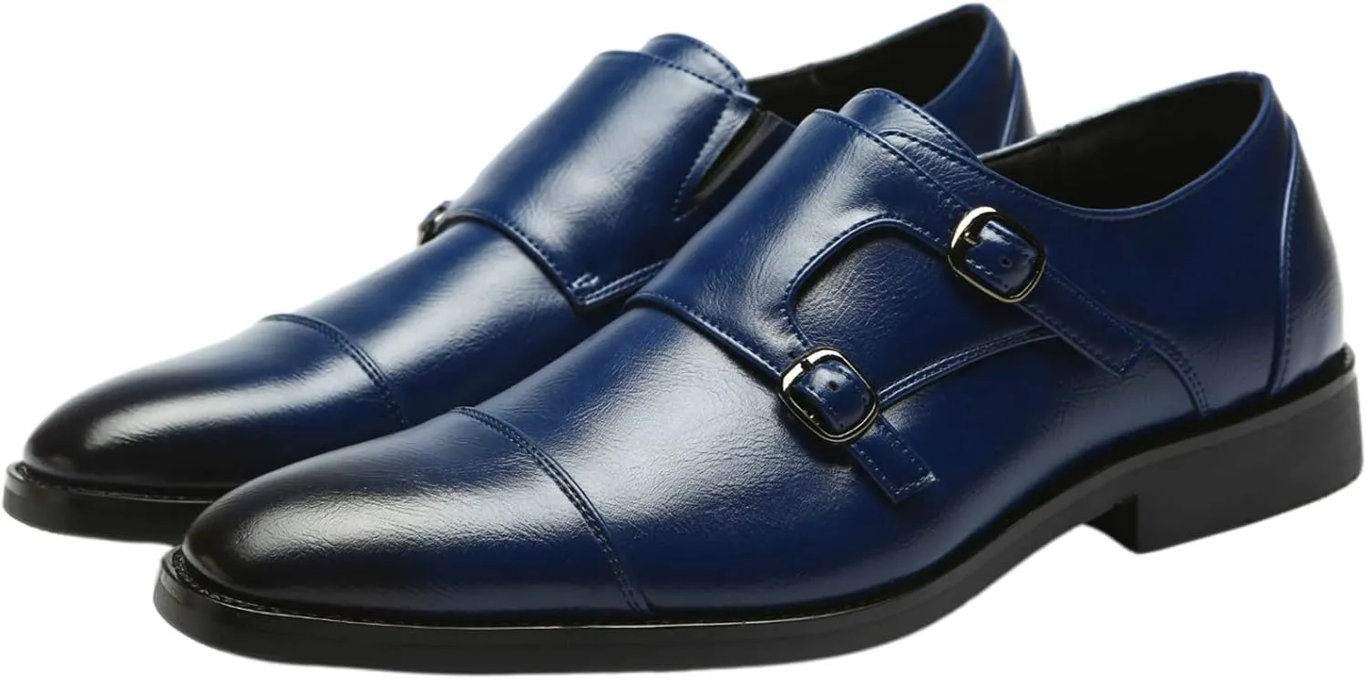 Men's Smart Monk Brogues Genuine Leather Wooden Heel Formal Dress Shoes