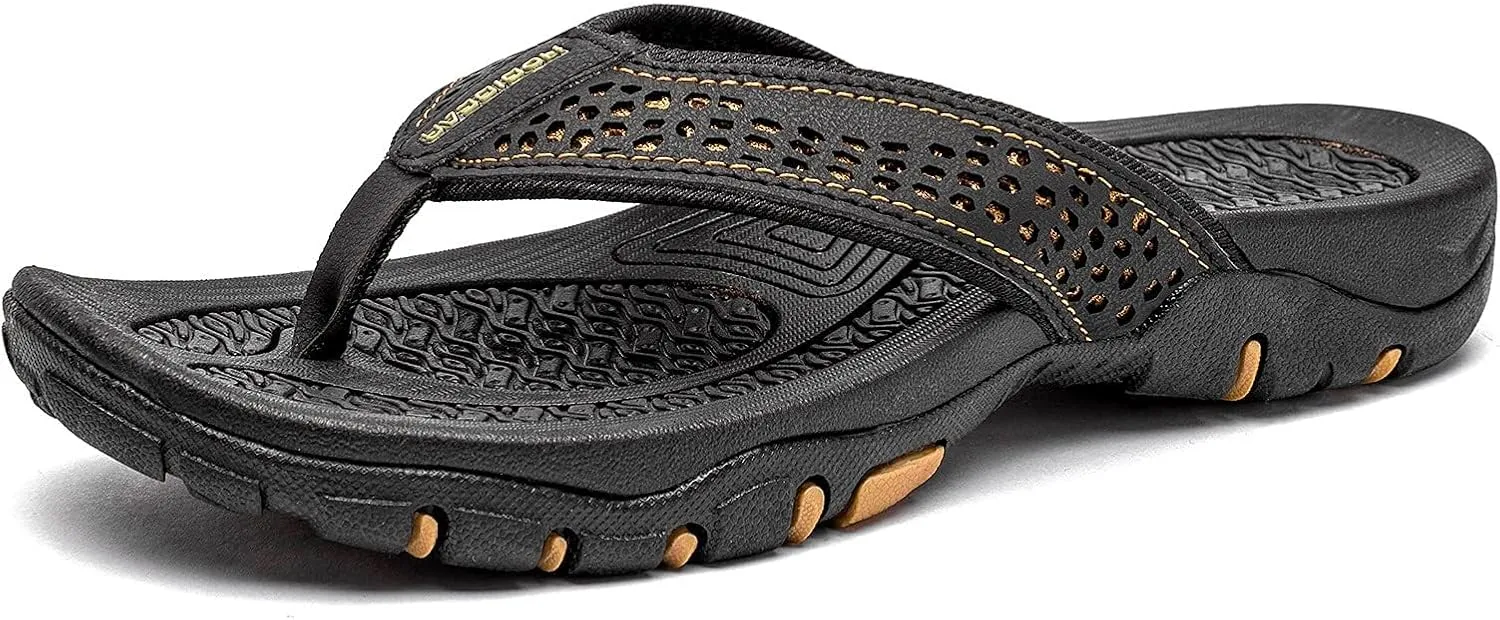 Men's Sport Flip Flops Comfort Breathable Casual Leather Beach Sandals Indoor and Outdoor Arch Support Flip Flops