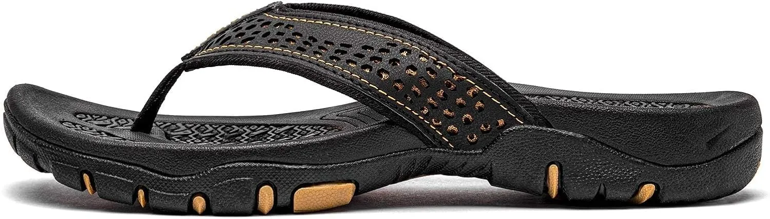 Men's Sport Flip Flops Comfort Breathable Casual Leather Beach Sandals Indoor and Outdoor Arch Support Flip Flops