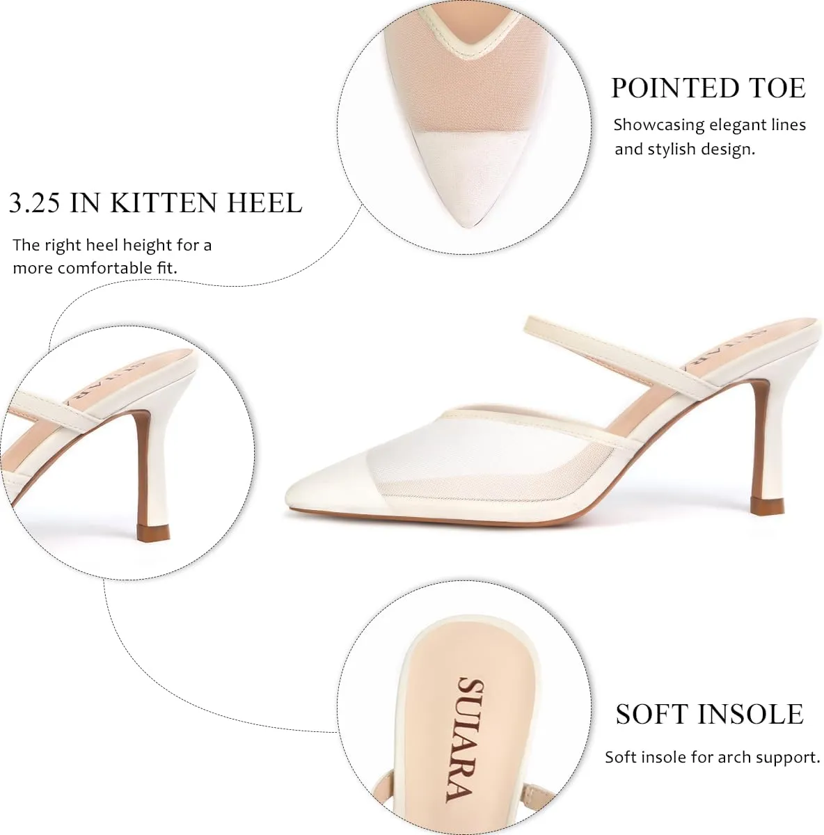 Mesh Kitten Heels for Women Pointed Closed Toe Mule Heeled Sandals Sexy Slip On Dress Pumps