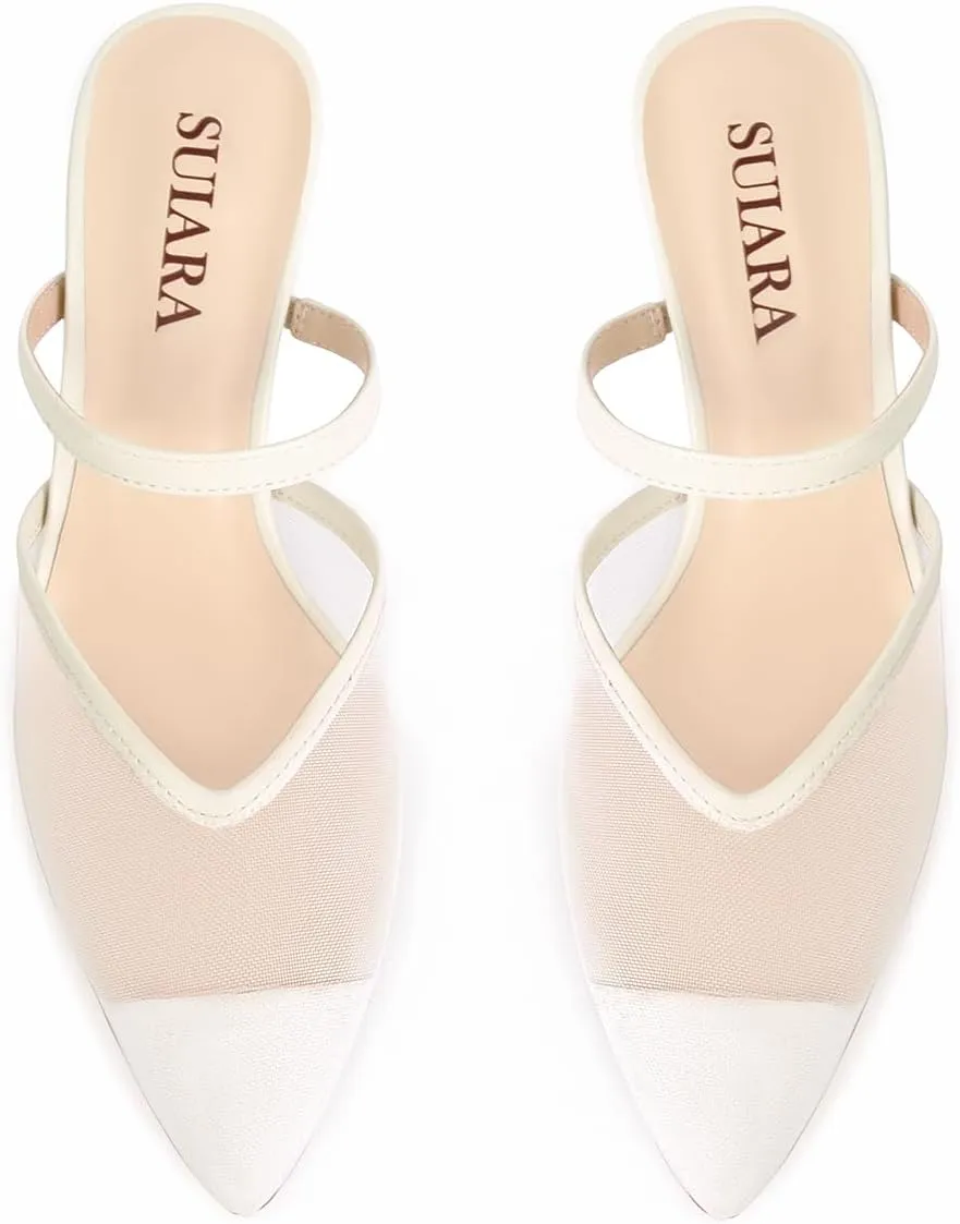 Mesh Kitten Heels for Women Pointed Closed Toe Mule Heeled Sandals Sexy Slip On Dress Pumps