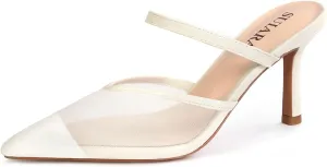 Mesh Kitten Heels for Women Pointed Closed Toe Mule Heeled Sandals Sexy Slip On Dress Pumps