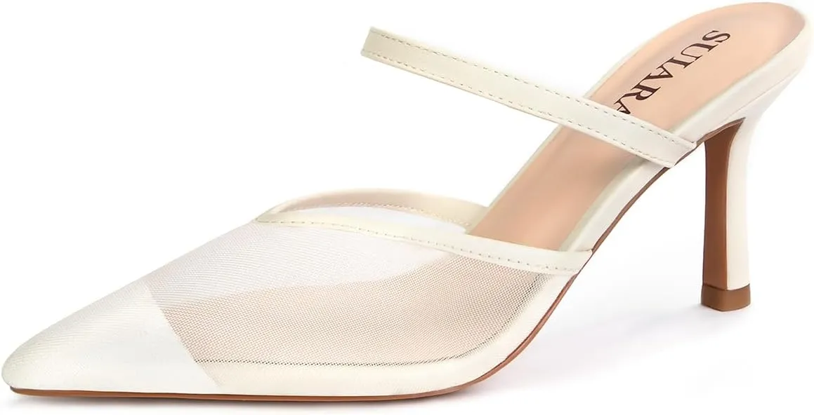 Mesh Kitten Heels for Women Pointed Closed Toe Mule Heeled Sandals Sexy Slip On Dress Pumps
