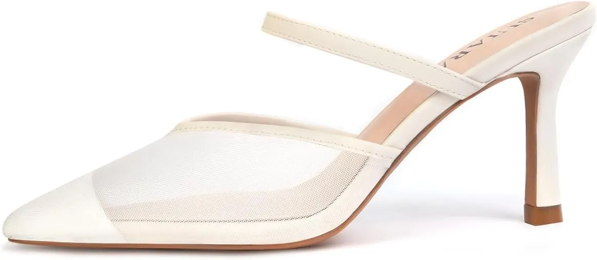 Mesh Kitten Heels for Women Pointed Closed Toe Mule Heeled Sandals Sexy Slip On Dress Pumps