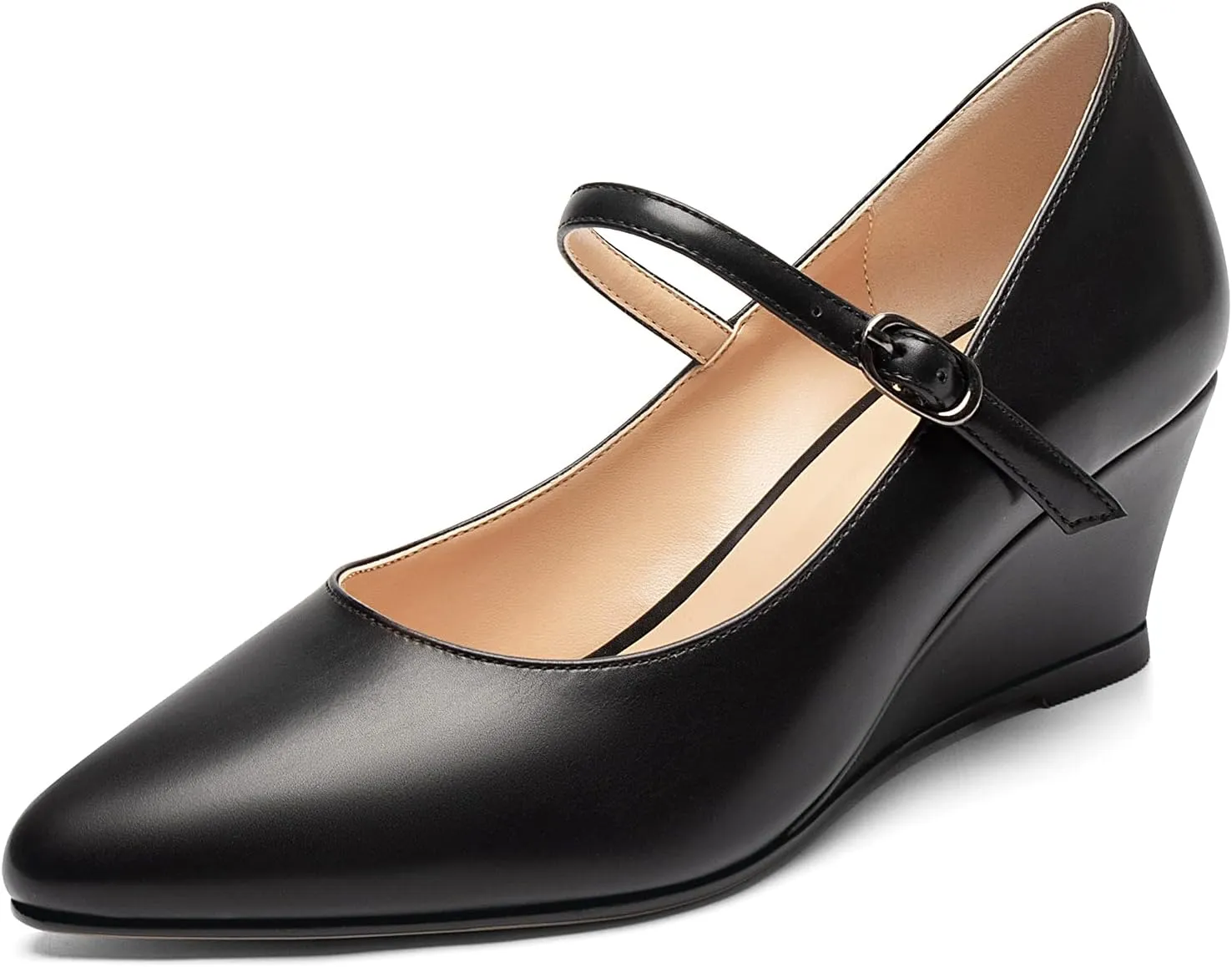 Mettesally Women's Wedge Pumps Pointed Toe Ankle Strap Mid Heel Comfortable Dress Shoes