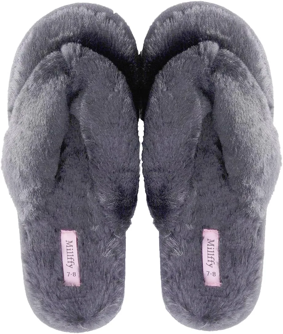 Millffy Fuzzy Fluffy Open Toe Slippers for Summer Warm Comfy flip Flop Slippers for Women Slip on